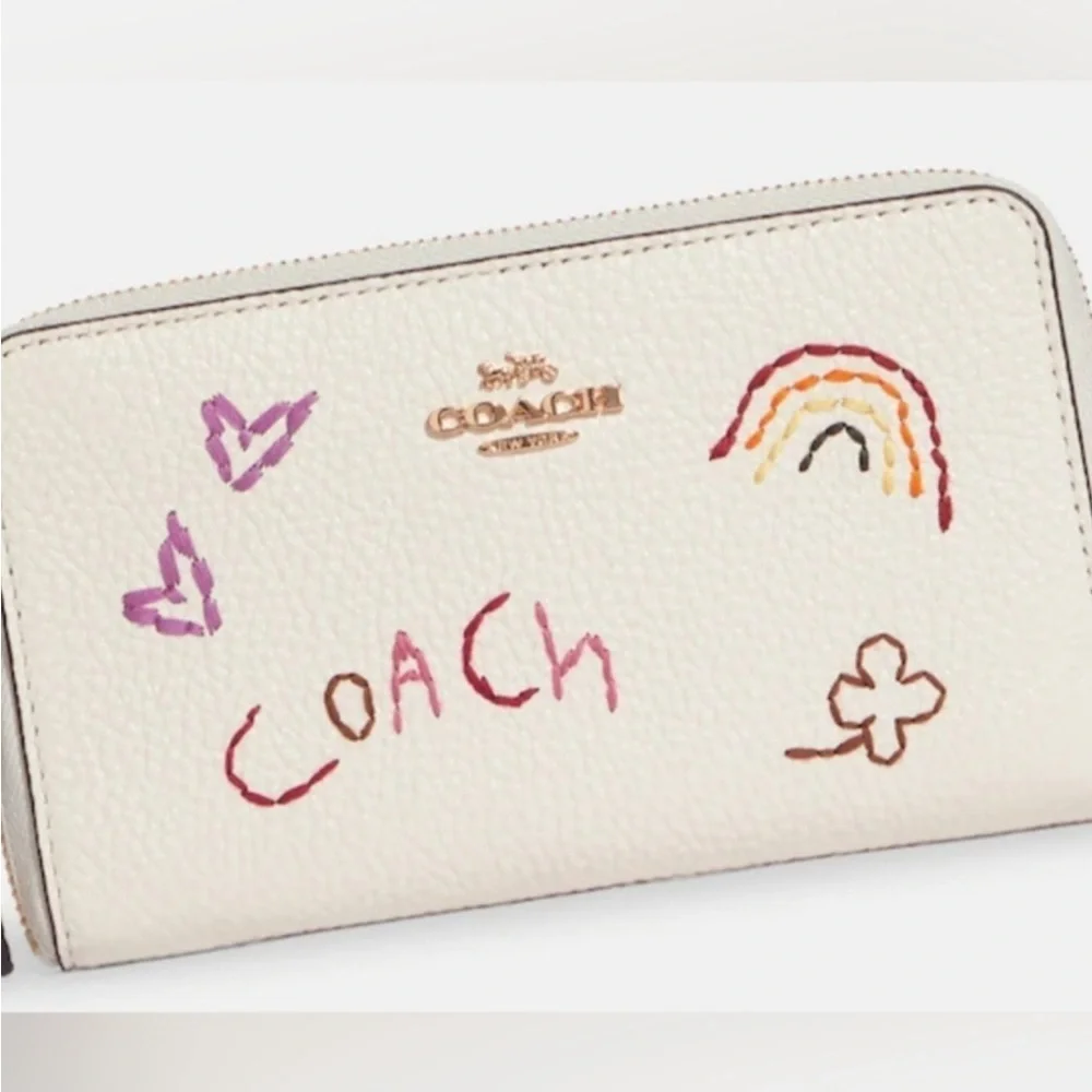 COACH Medium ID Zip Wallet With Diary Embroidery in Gold/ Chalk